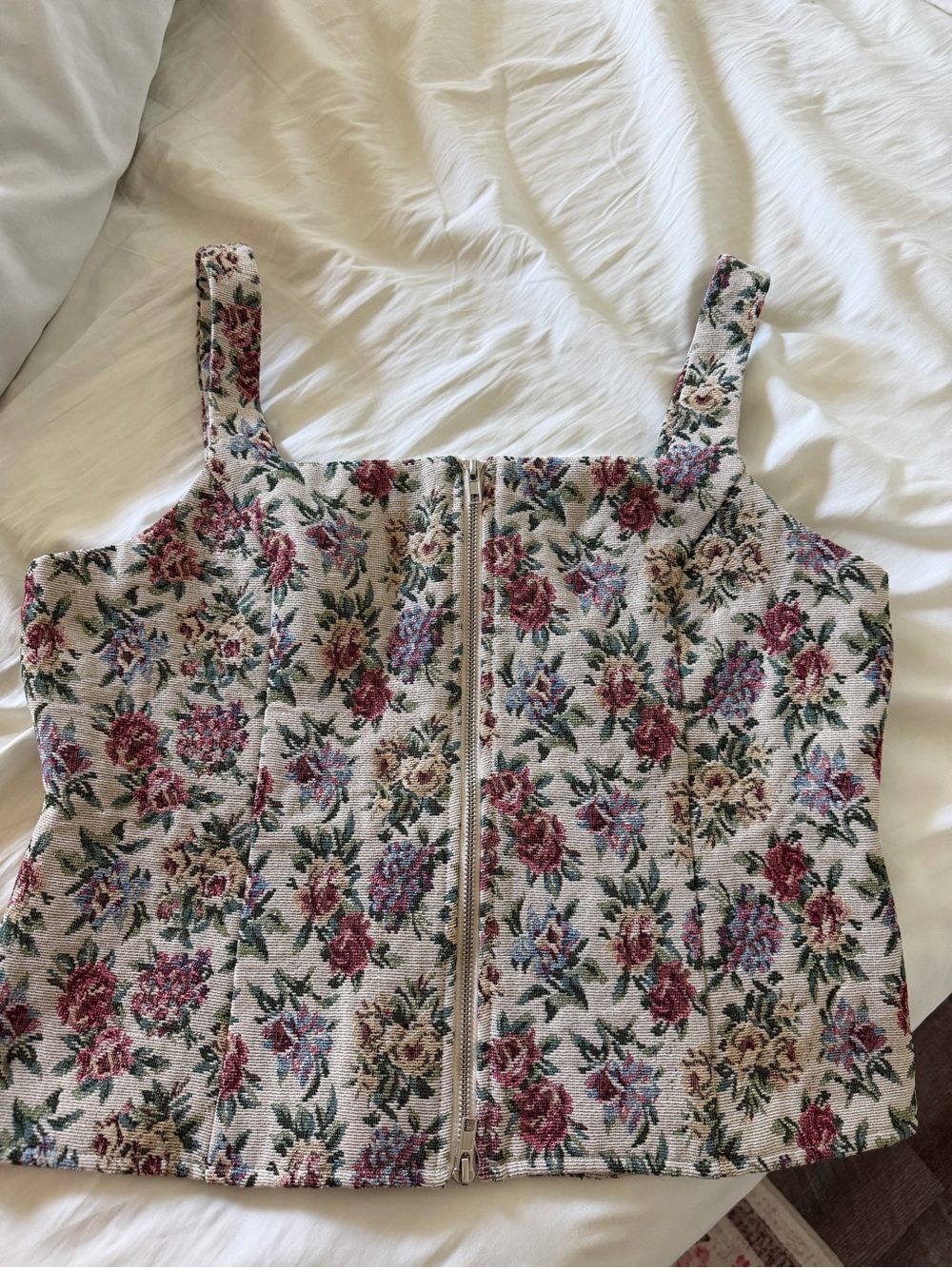 Vici Floral Jacquard Zip-Front Tank in Cream, Rose and Green